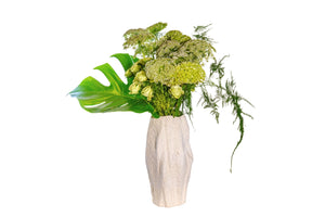 Monochromatic Green Rose & Monstera Floral Sculpture in Stone Vase - Modern Flowers Delivery Dubai - Same Day Delivery