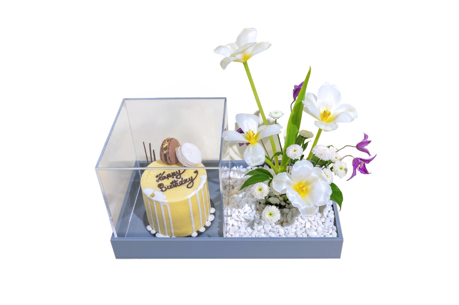 Yellow cookie top cake with Tulips - Online Flower delivery Dubai - The Botanical Lounge